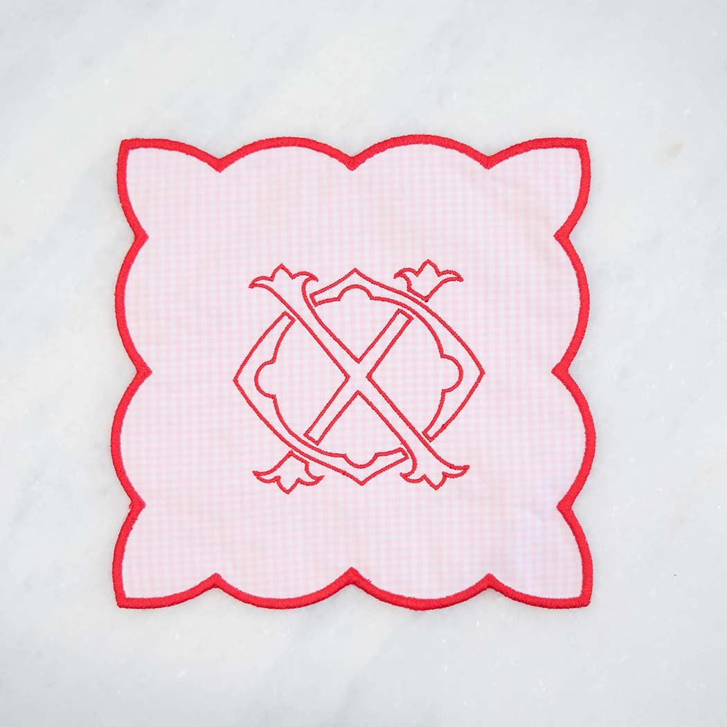 Pink Gingham Monogram Cocktail Napkin with Red Trim