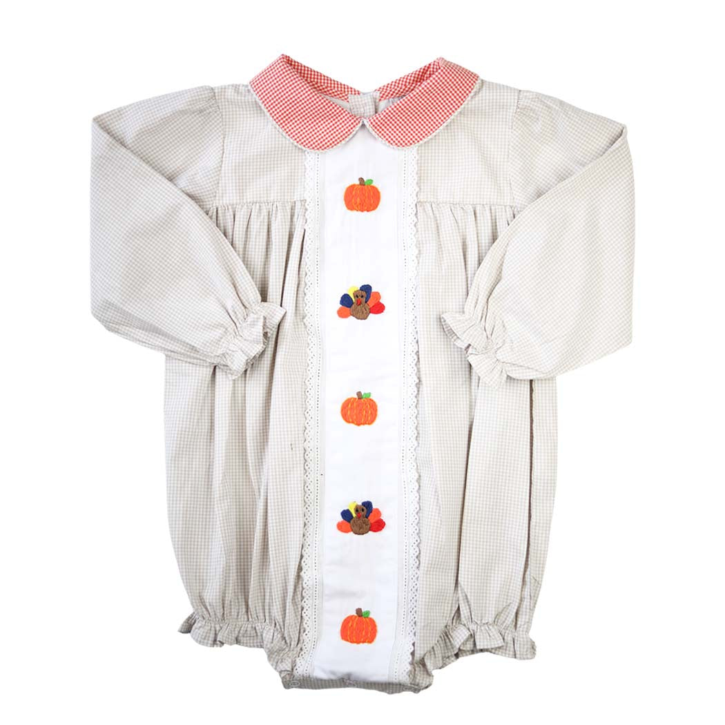 Thanksgiving Girls Khaki Gingham Bubble