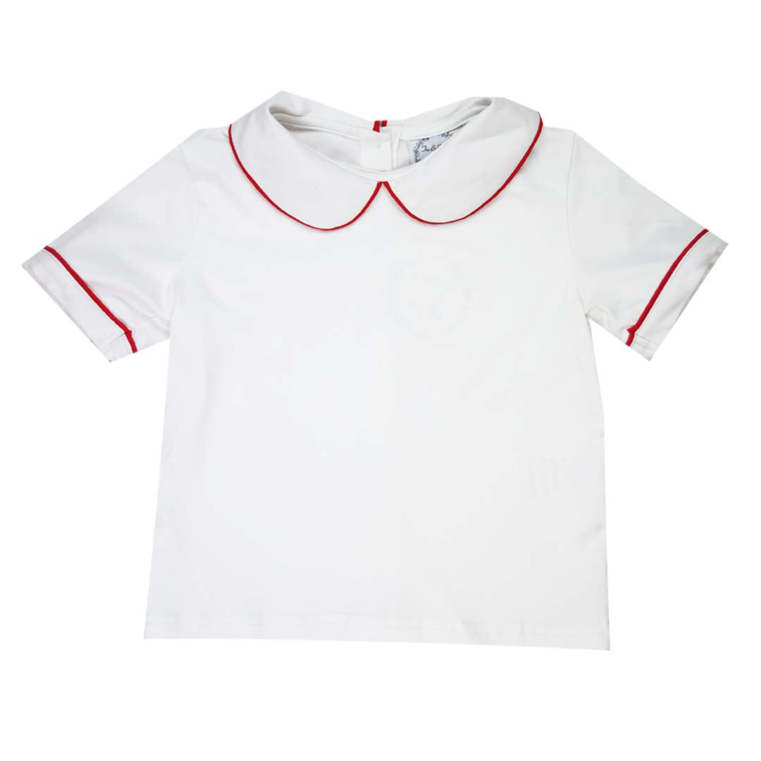 Red Pipe Trim Short Sleeve Peter Pan White Knit Shirt