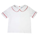 Red Pipe Trim Short Sleeve Peter Pan White Knit Shirt