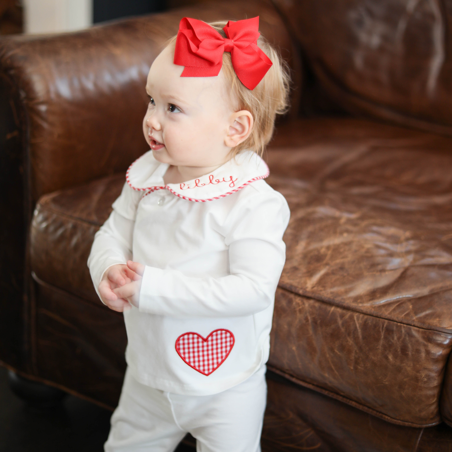 White Gingham Heart Long Sleeve Pant Set