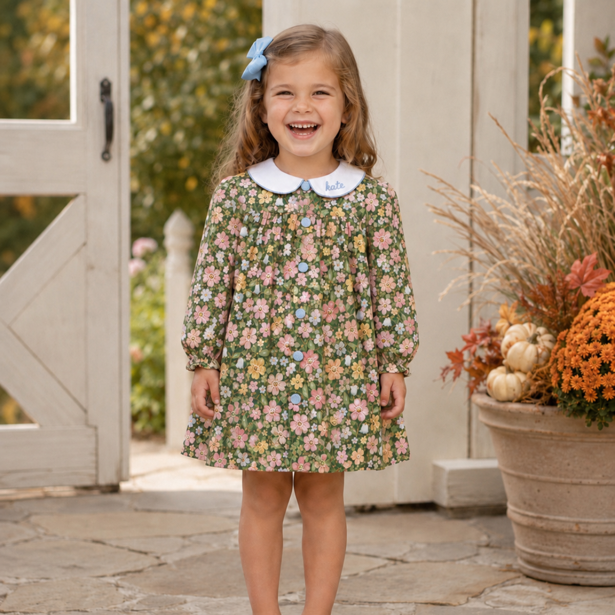 Green Floral Dress with Gingham Buttons