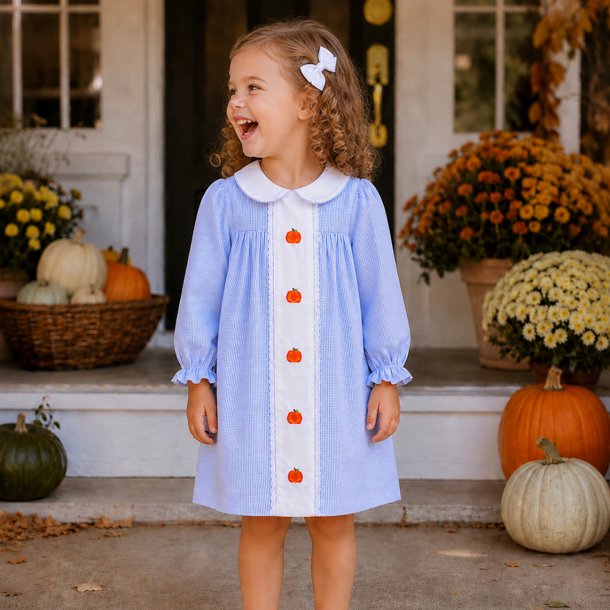 Girls Blue Gingham Pumpkin Dress