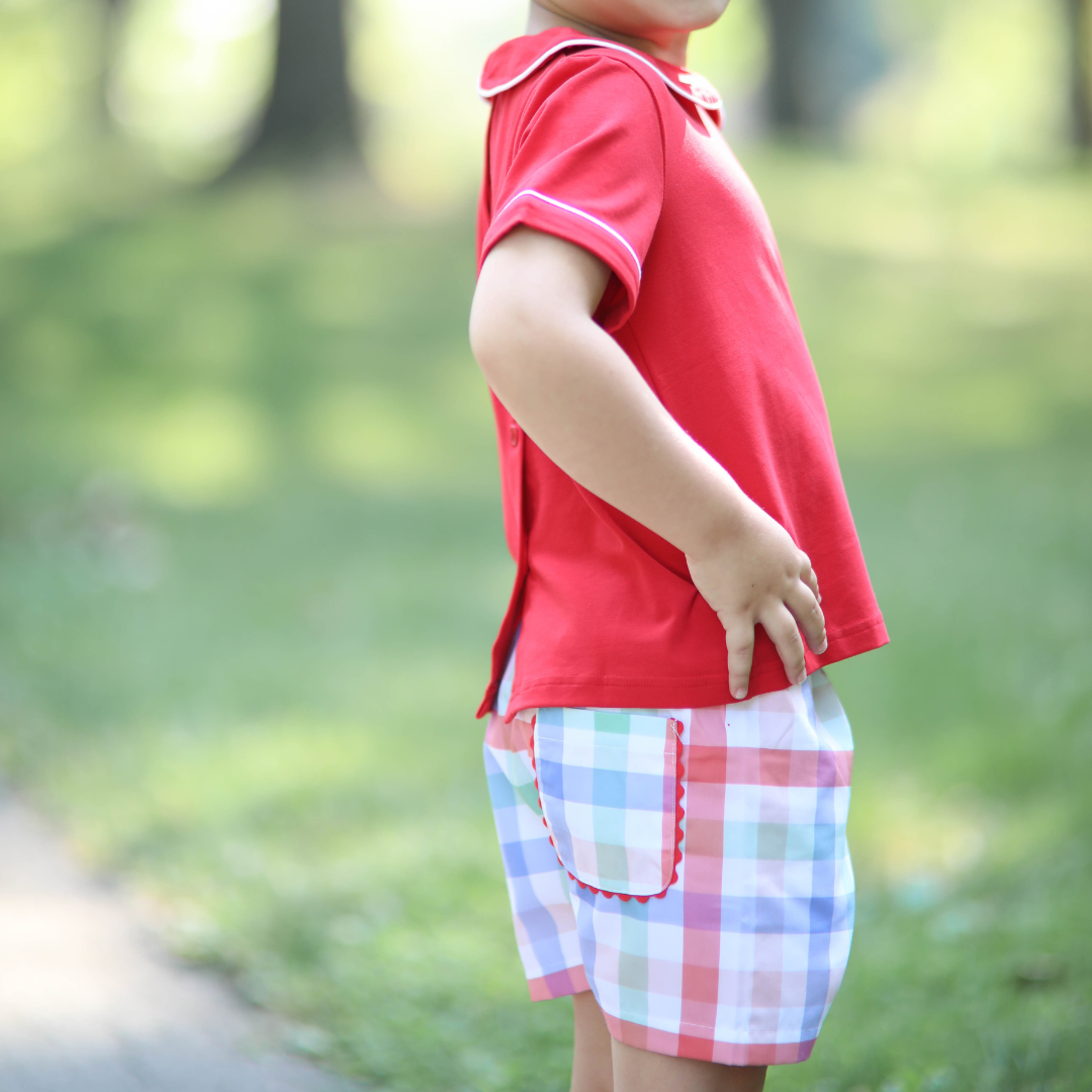 Unisex Red Peter Pan Knit Short-Sleeve Shirt