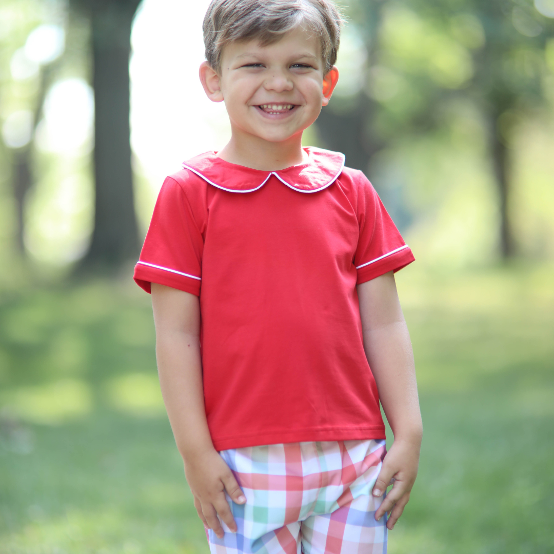 Unisex Red Peter Pan Knit Short-Sleeve Shirt