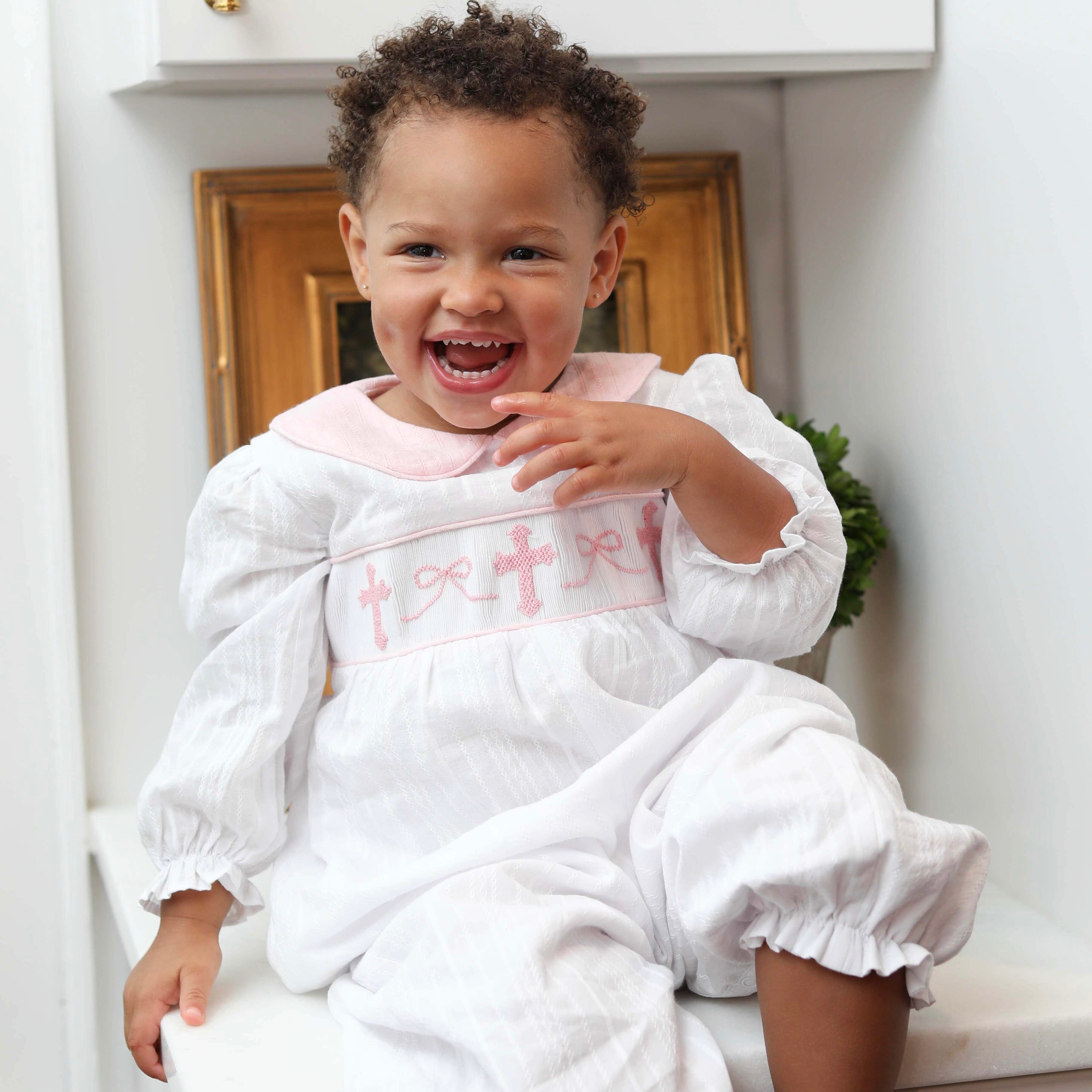 Classic Baby Girl Crosses Long Sleeve Romper