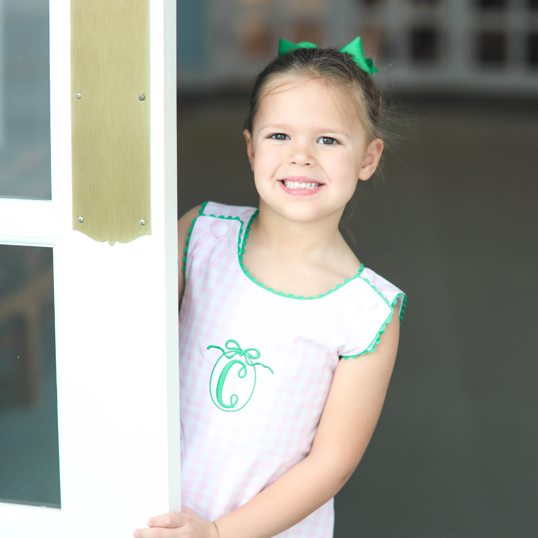 Pink Gingham with Green RicRac Sleeveless Dress