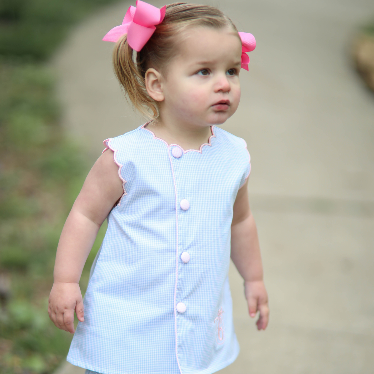 Blue Gingham with Pink Trim Scalloped Set