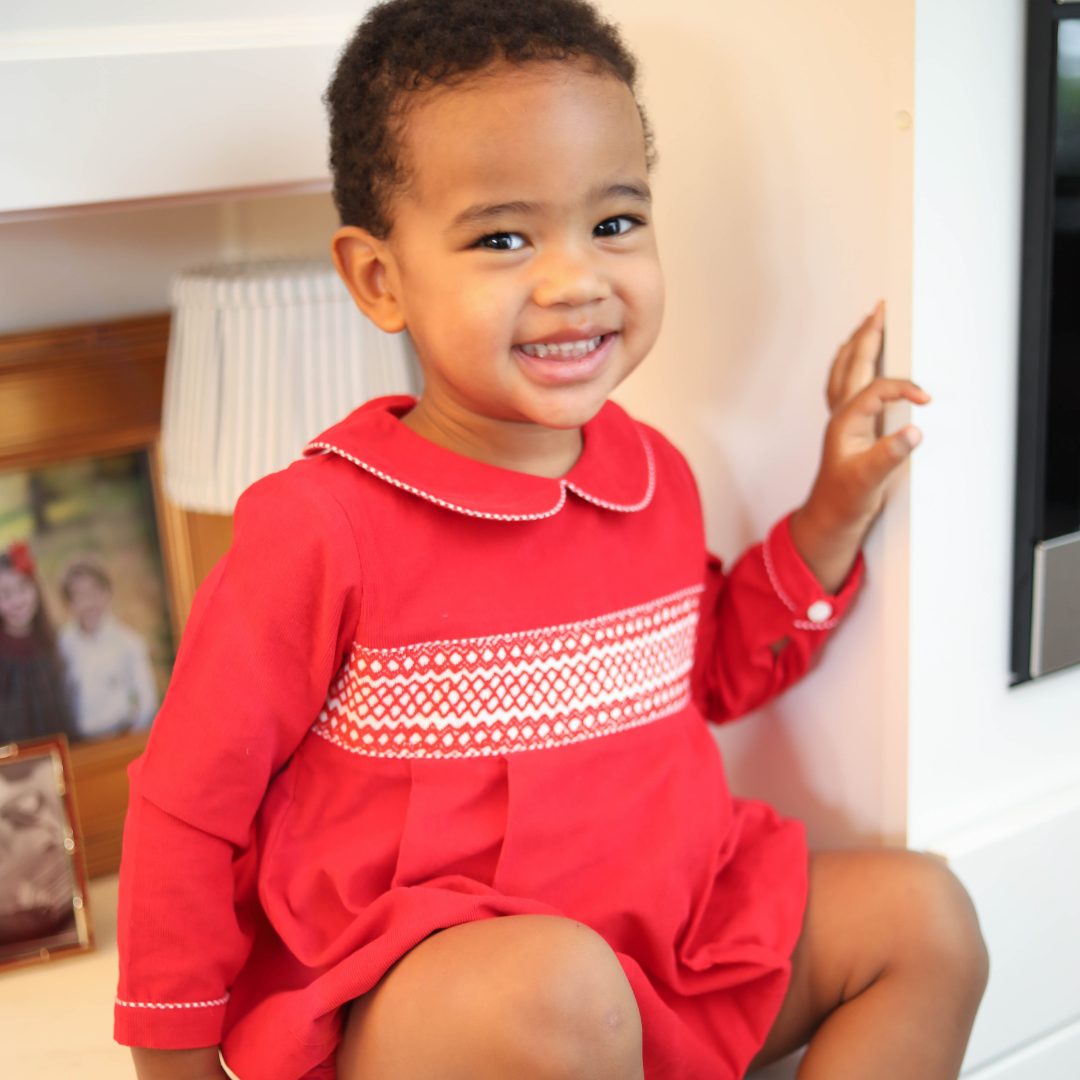 Valentine's Day Red Corduroy Smocked Bubble