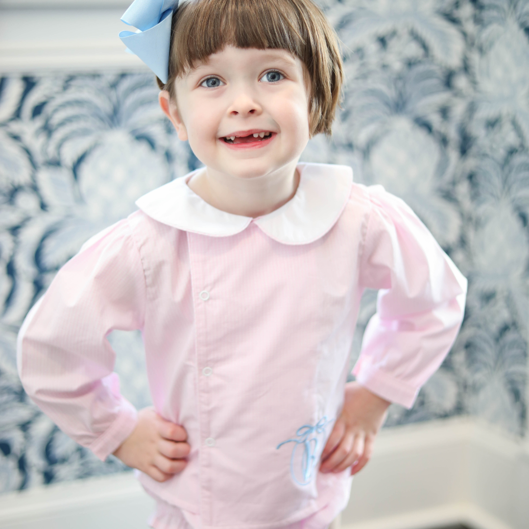Poppy Pink Gingham Long Sleeve Bloomer Set