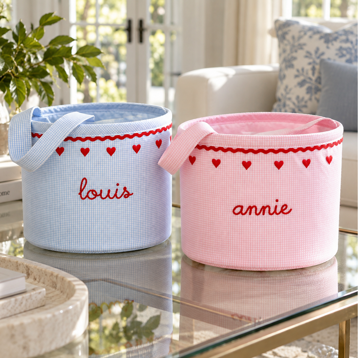 Valentine's Day Blue Bucket with Red Heart Trim