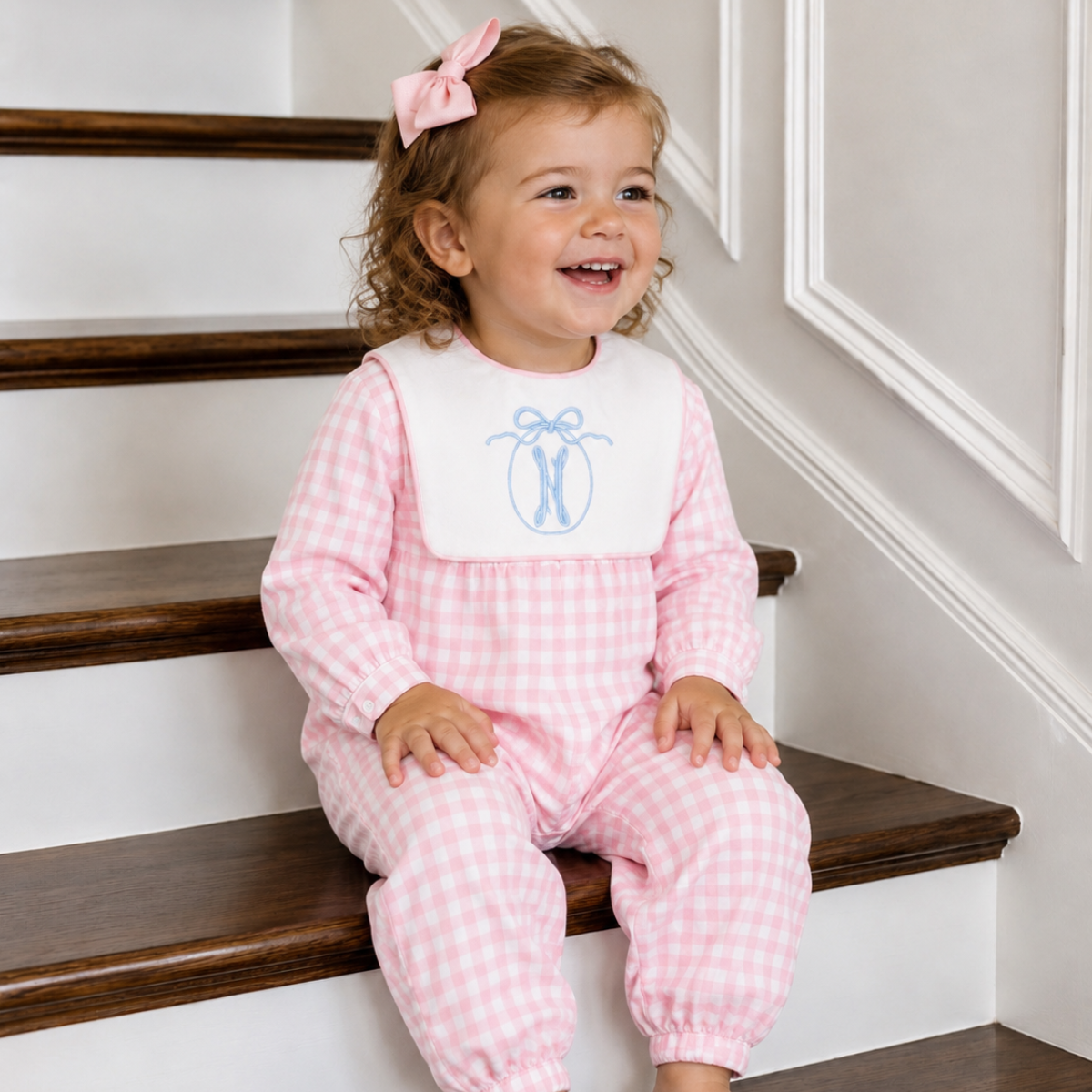 Girls Pink Gingham Bib Romper