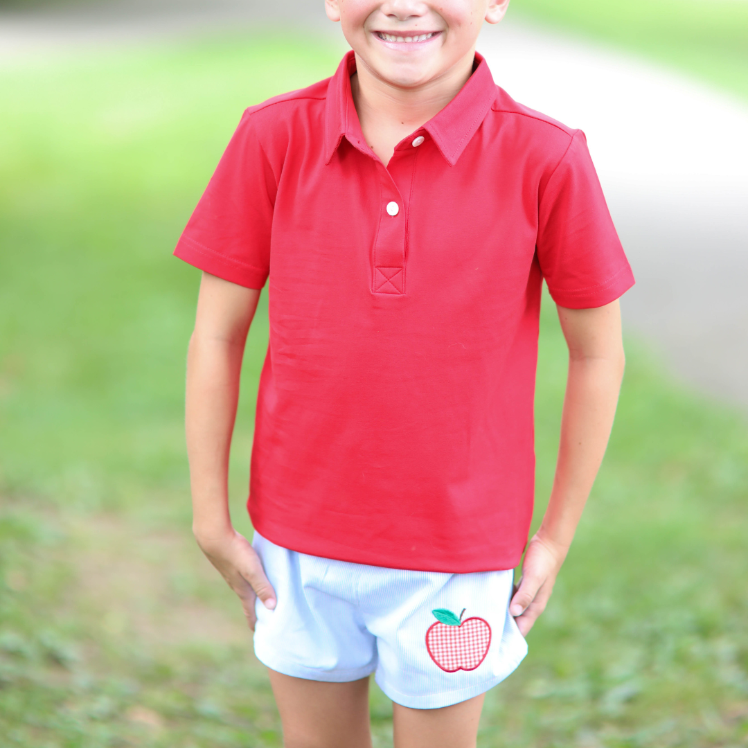 Blue Striped Shorts with Apple Appliqué