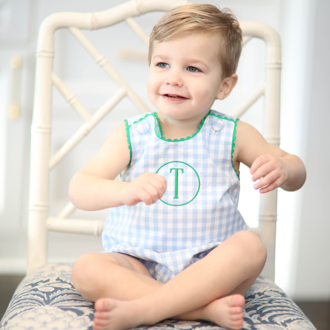 Blue Gingham with Green RicRac Boy Bubble