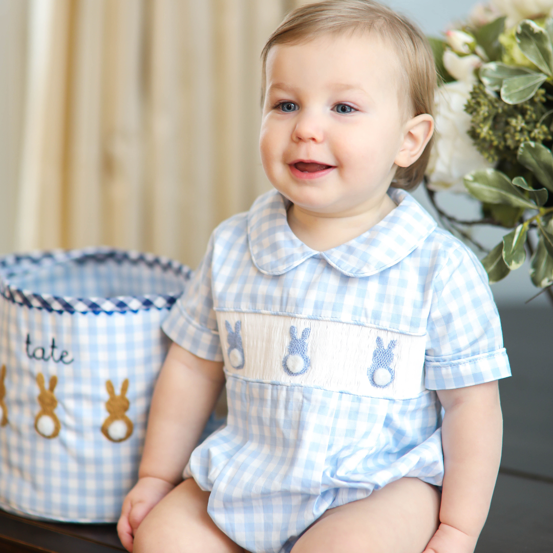 Blue Gingham Smocked Easter Bunny Bubble