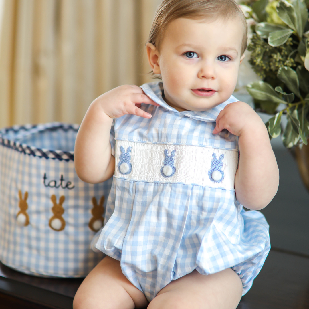Blue Gingham Smocked Easter Bunny Bubble