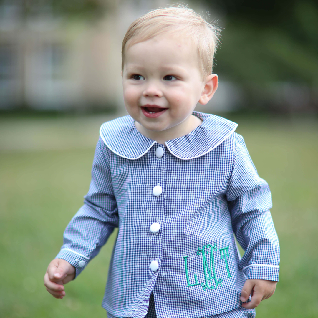 Louis Navy Gingham Long Sleeve Bloomer Set