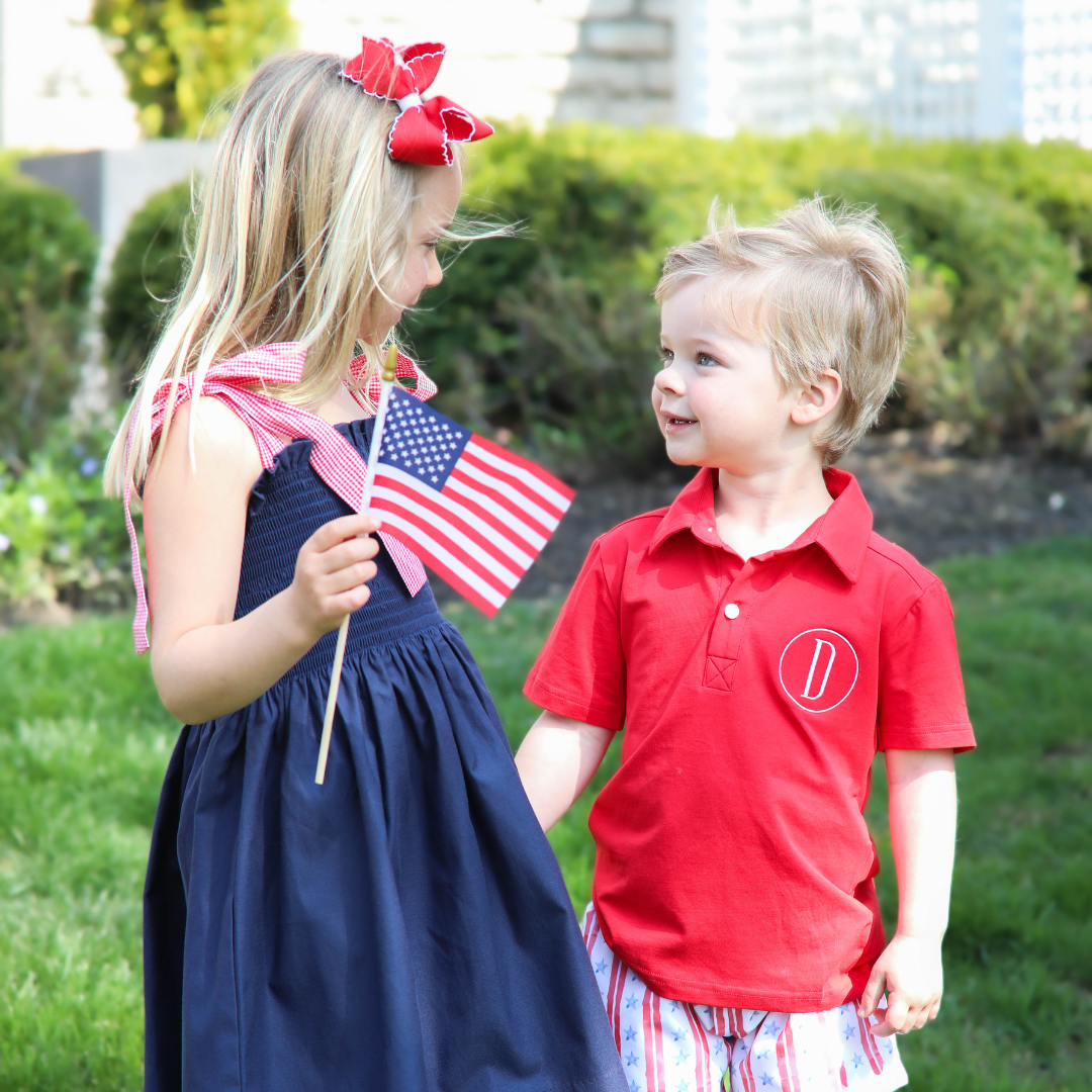 Girls Navy Smocked Dress with Gingham Tie Straps
