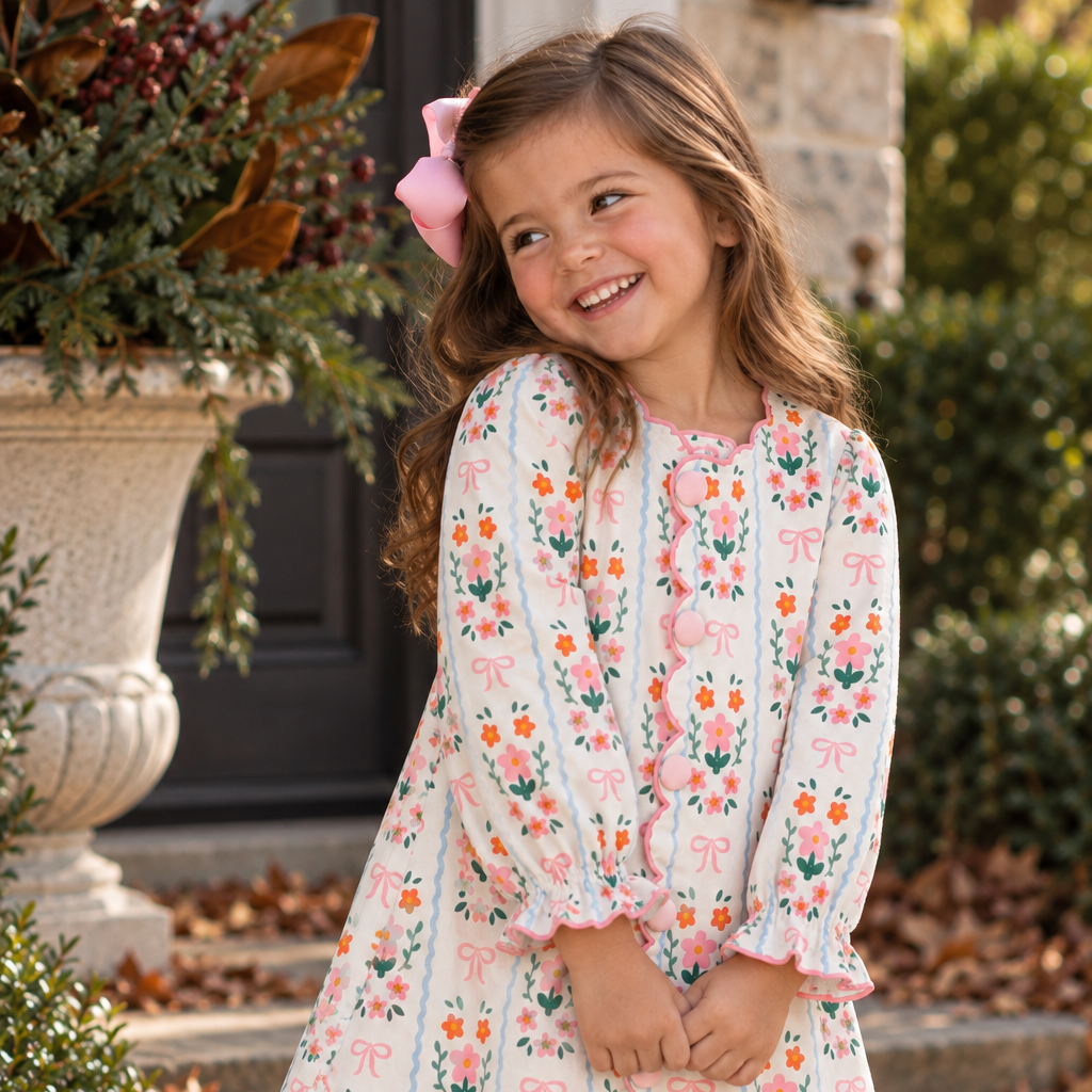 Scalloped Floral Dress with Pink Trim