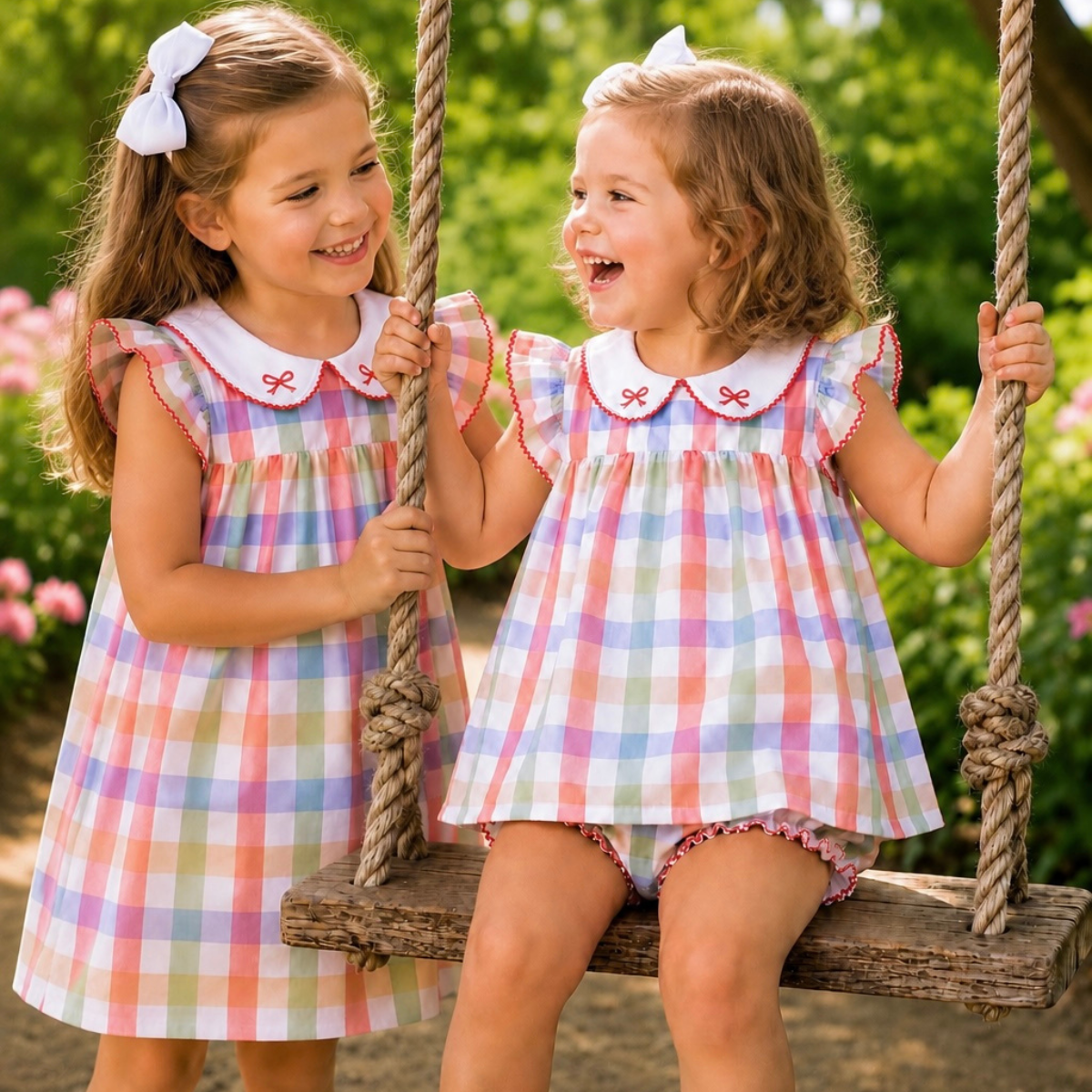 Schoolhouse Plaid Dress with Bow Embroidery