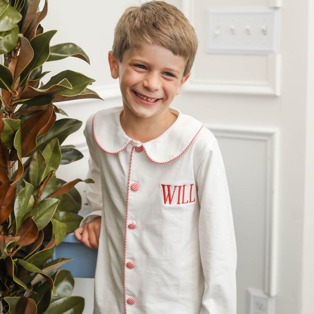 Boys White Loungewear with Gingham Trim