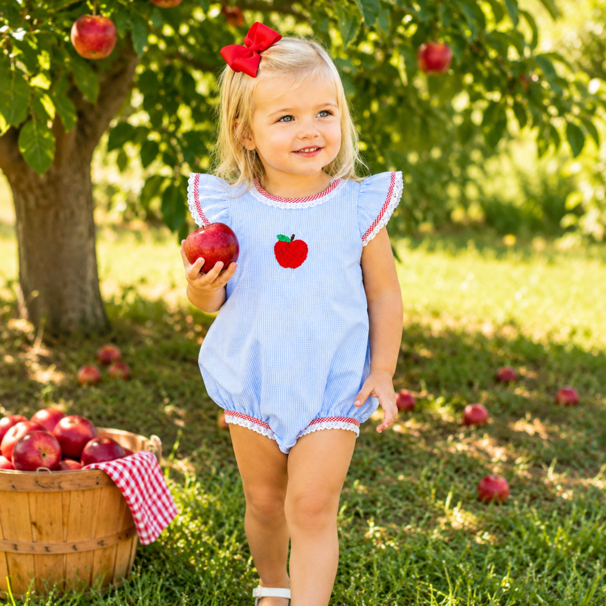 Blue Gingham Apple Ruffle Bubble