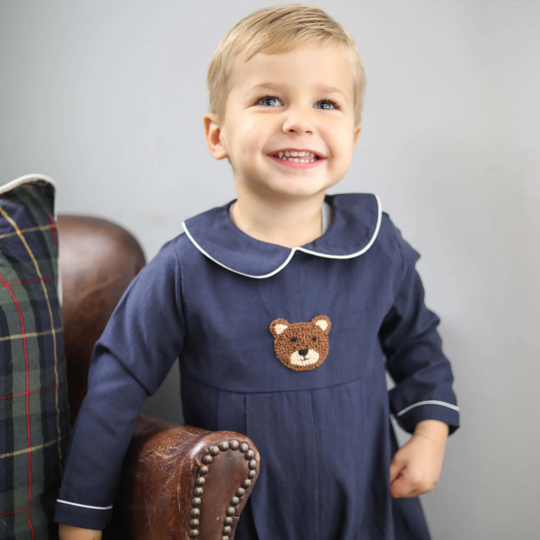 Navy Oxford Bear Romper