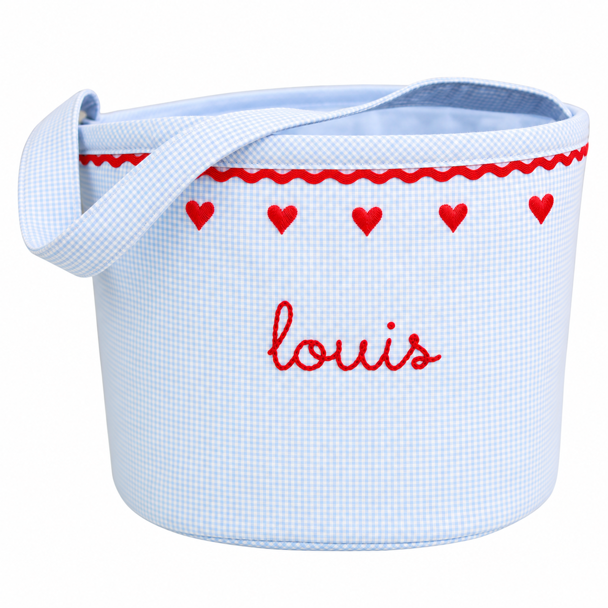 Valentine's Day Blue Bucket with Red Heart Trim