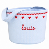Valentine's Day Blue Bucket with Red Heart Trim