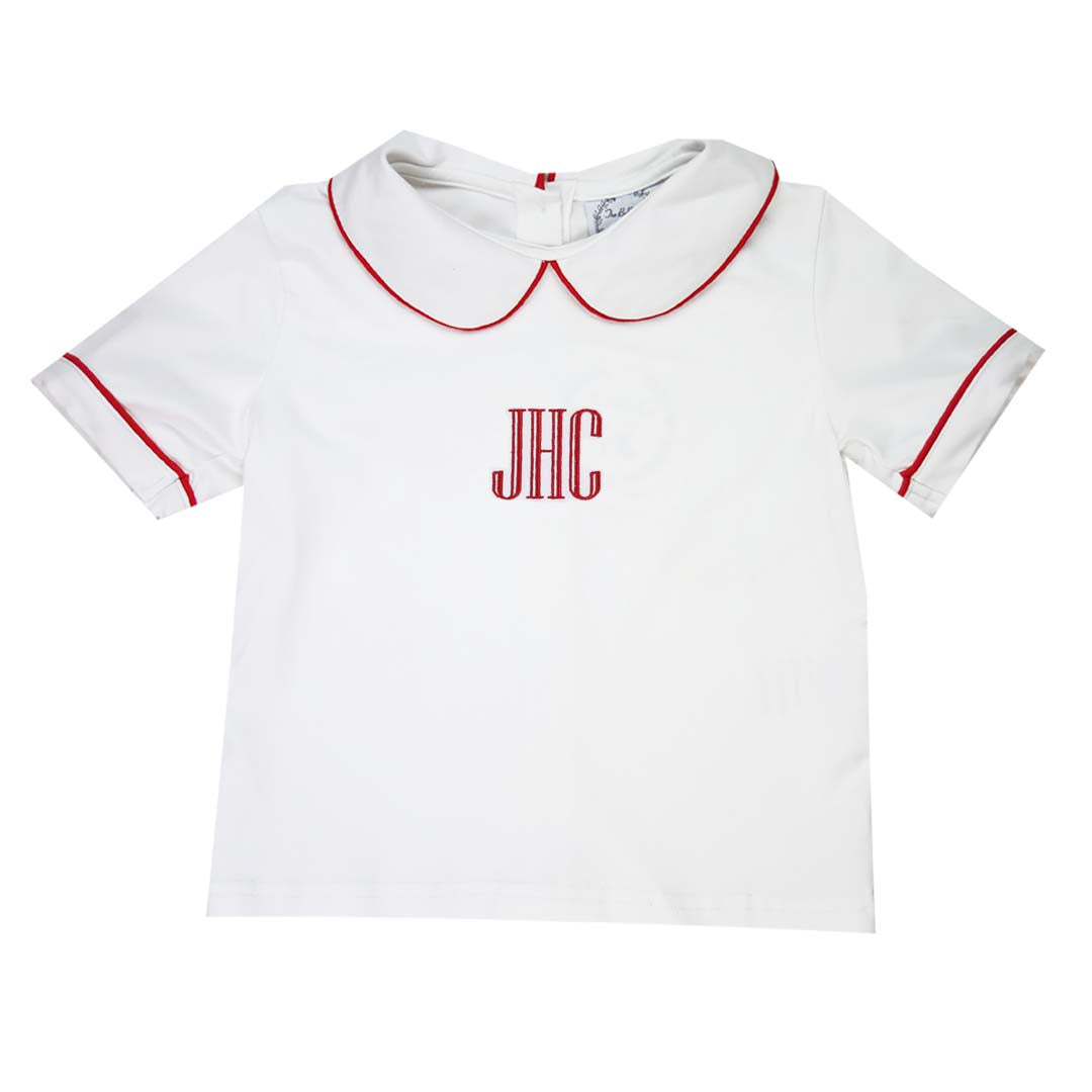 Red Pipe Trim Short Sleeve Peter Pan White Knit Shirt