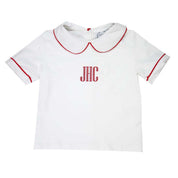 Red Pipe Trim Short Sleeve Peter Pan White Knit Shirt