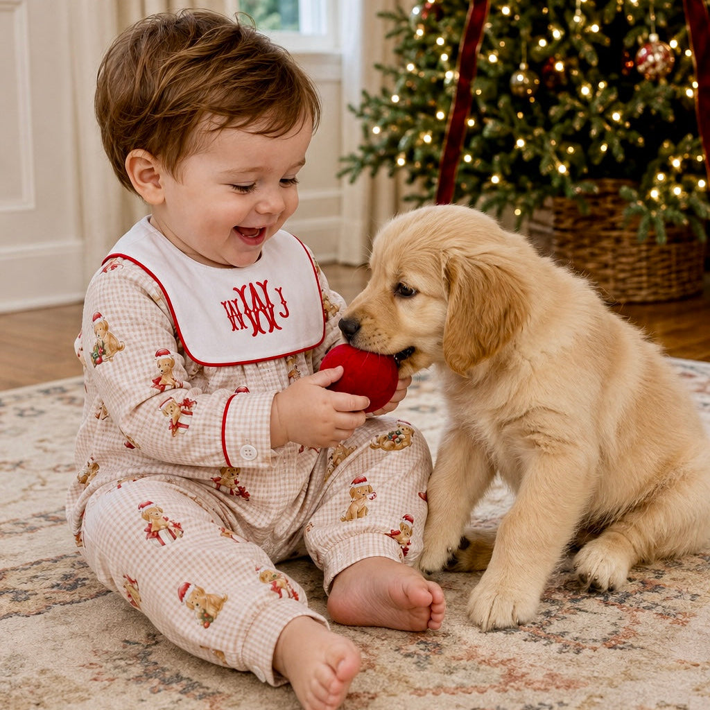 Christmas Santa Puppies Bib Romper