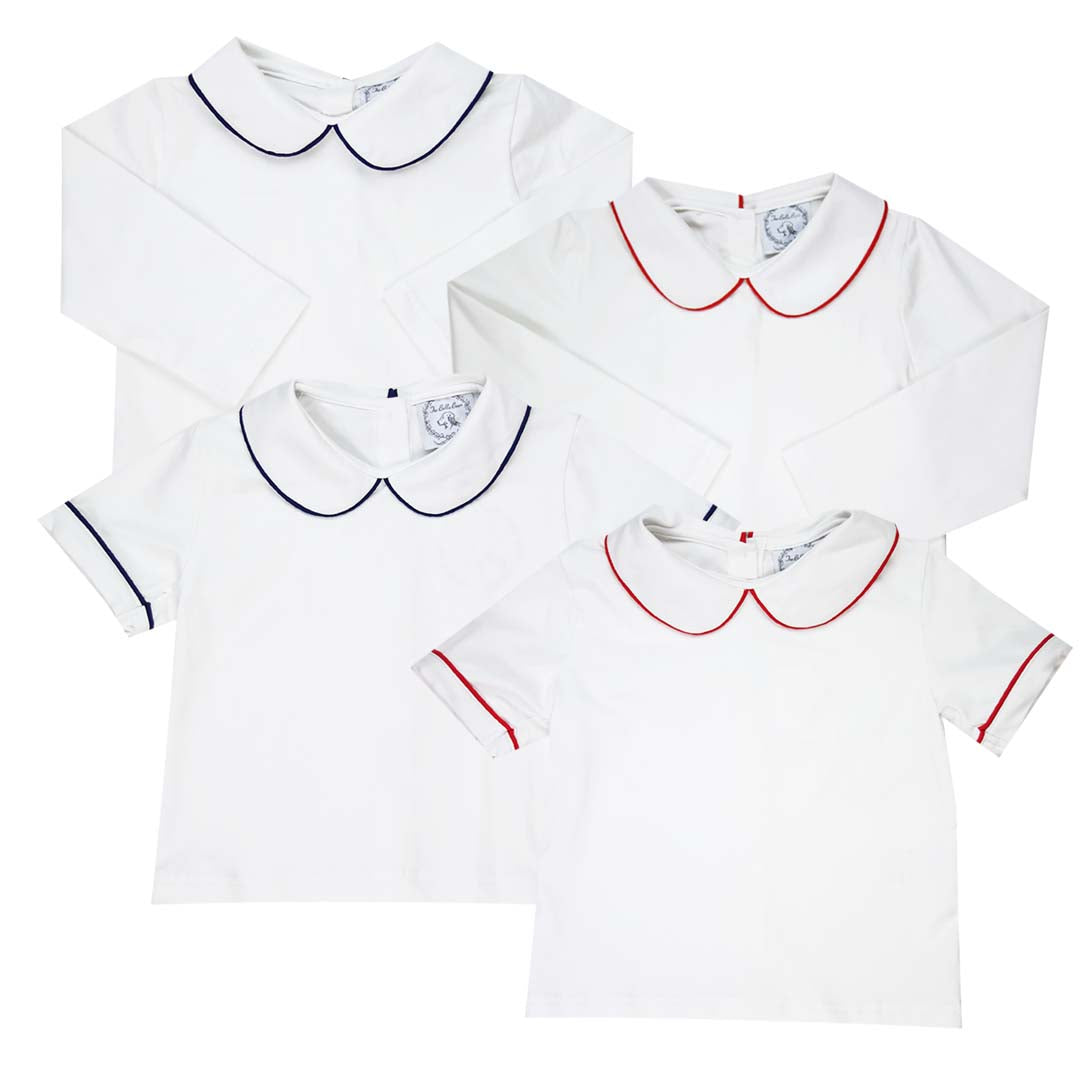 Red Pipe Trim Short Sleeve Peter Pan White Knit Shirt