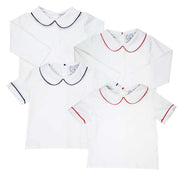 Red Pipe Trim Short Sleeve Peter Pan White Knit Shirt
