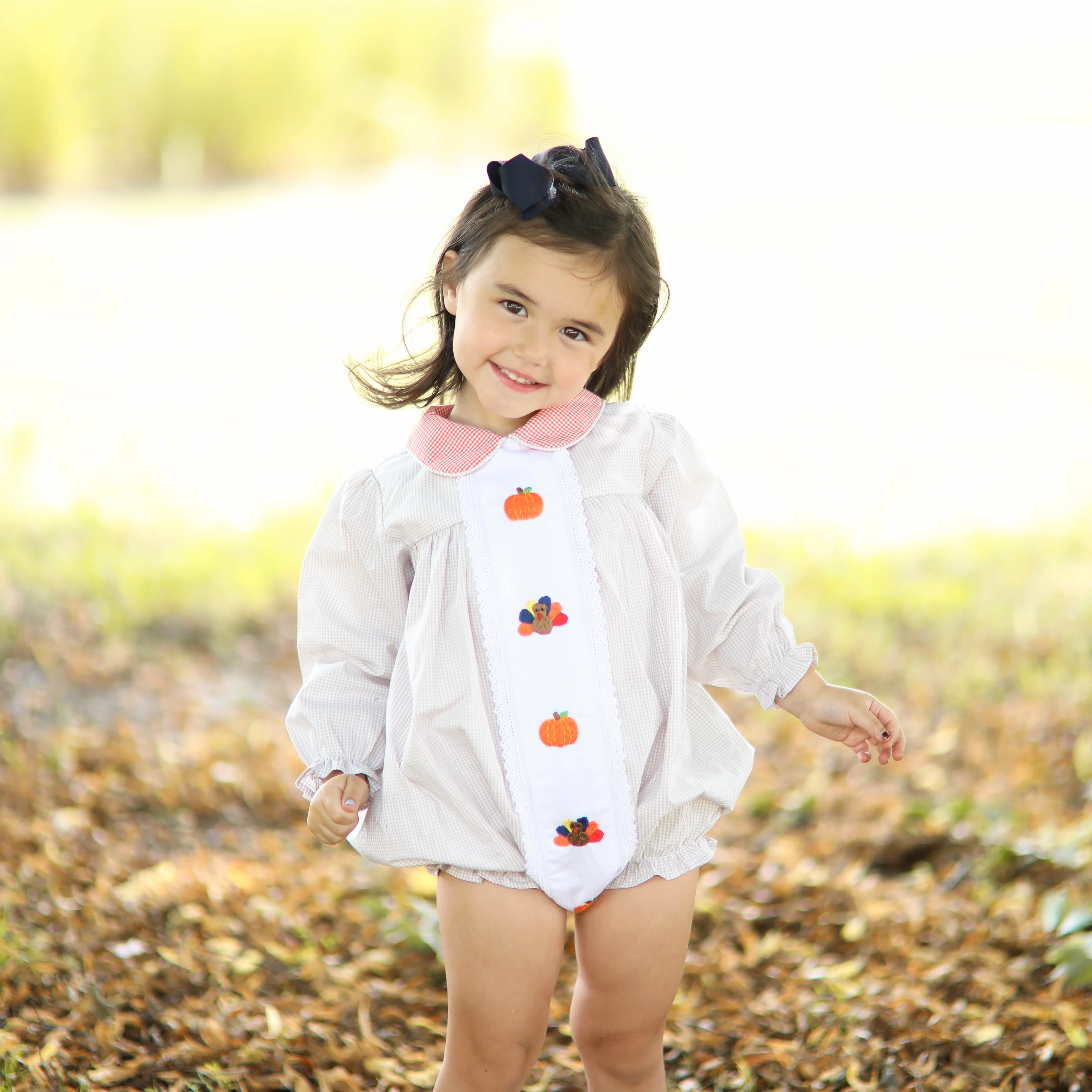 Thanksgiving Girls Khaki Gingham Bubble