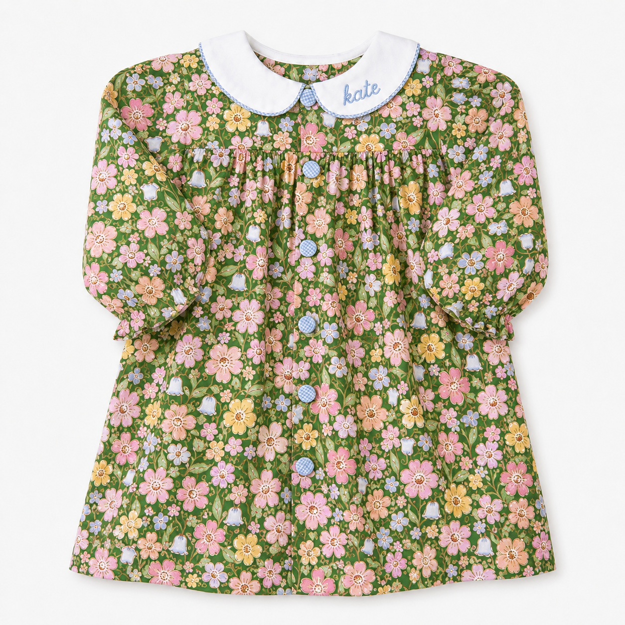 Green Floral Dress with Gingham Buttons