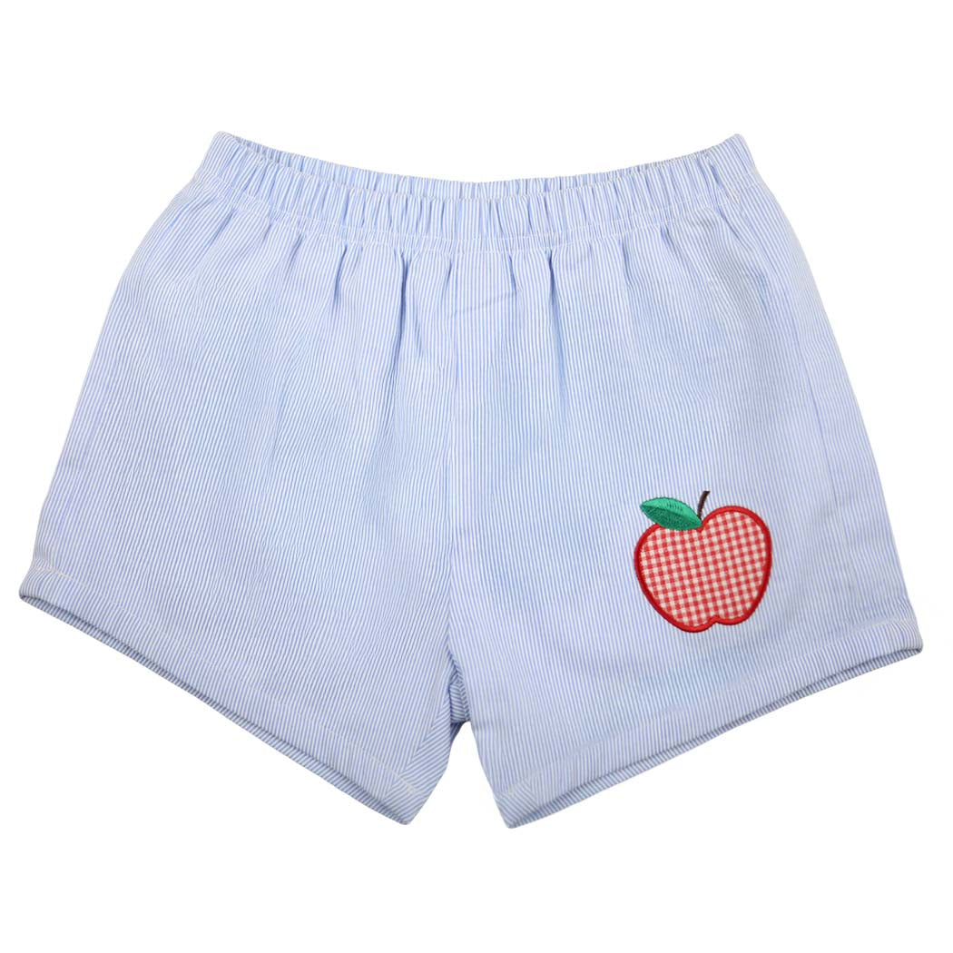 Blue Striped Shorts with Apple Appliqué