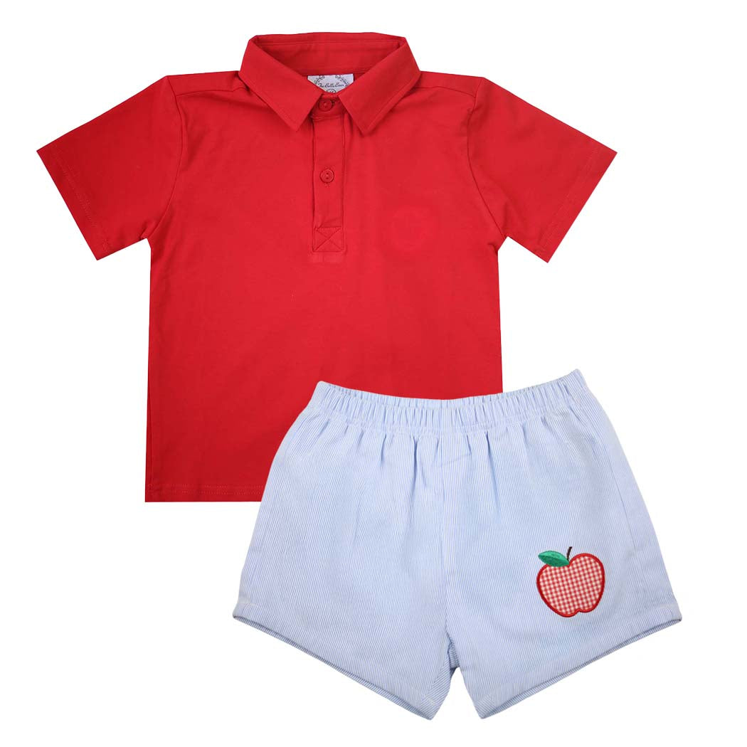Blue Striped Shorts with Apple Appliqué
