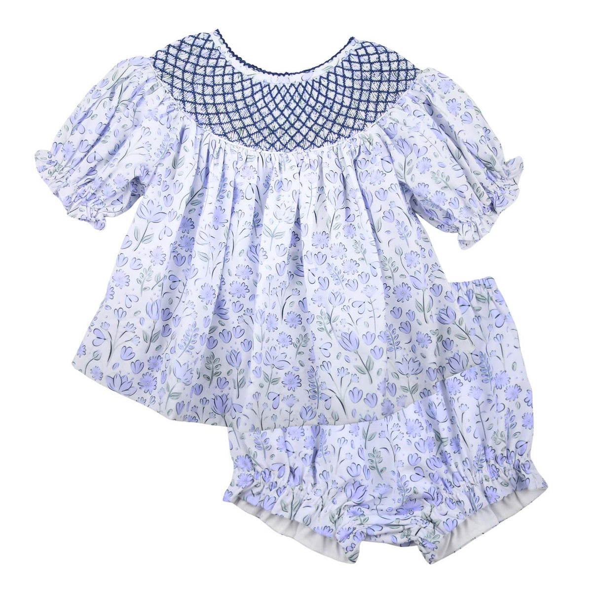Blue Floral Smocked Bubble