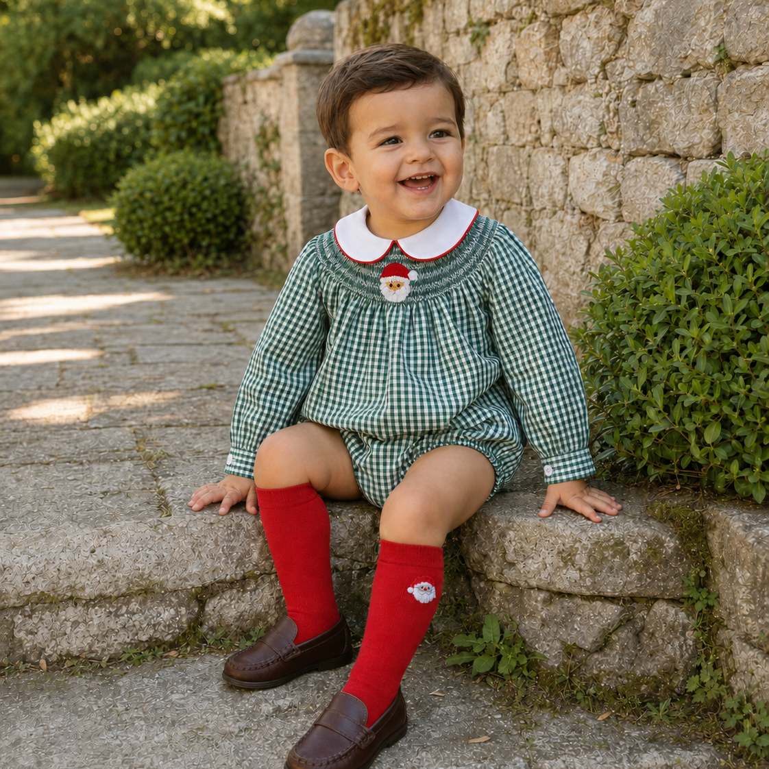 Christmas Green Gingham Smocked Santa Bubble