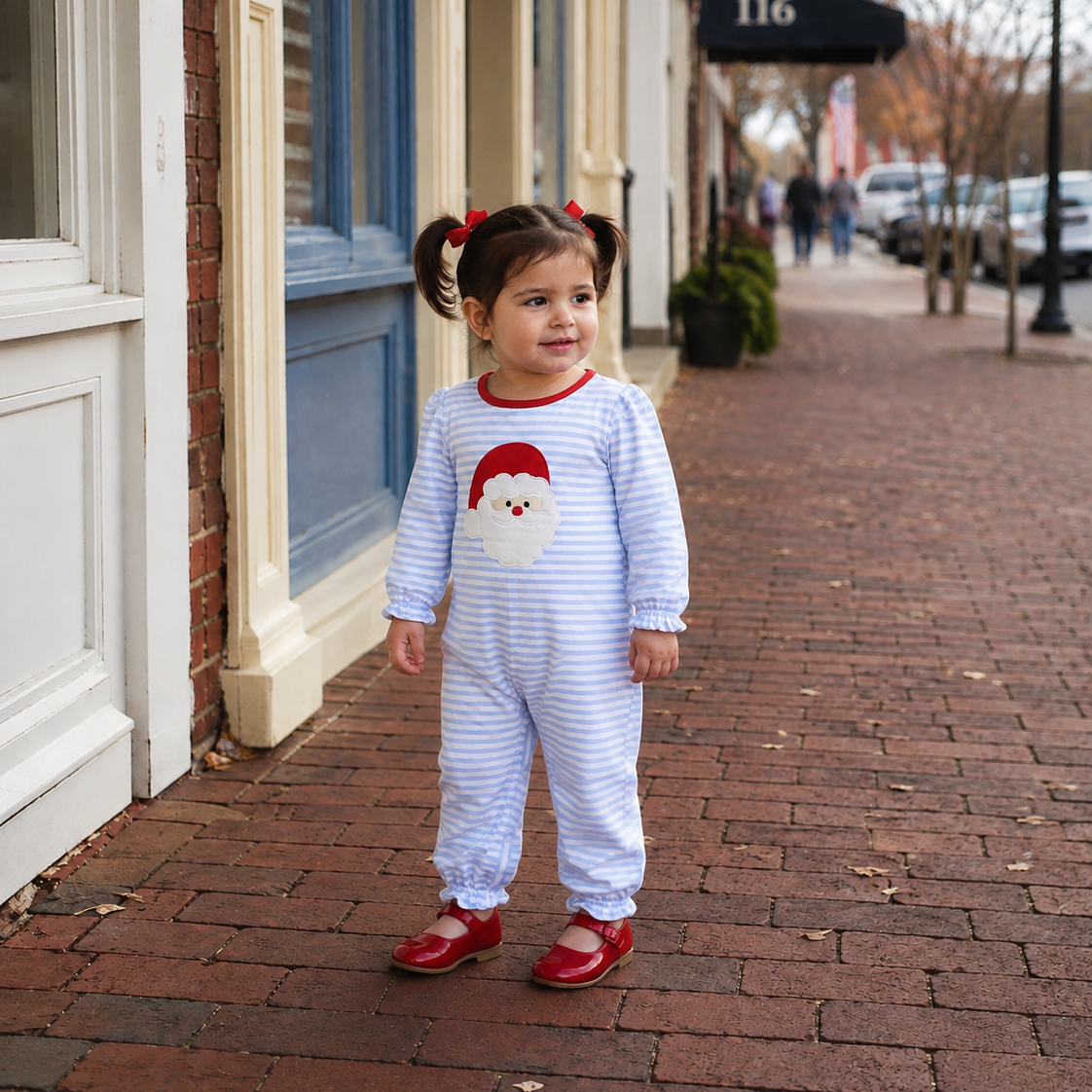 Girls Blue Stripe Romper with Santa Applique