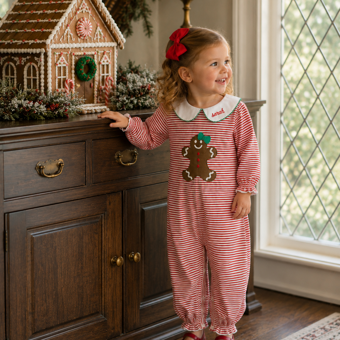 Christmas Girls Red Striped Gingerbread Romper
