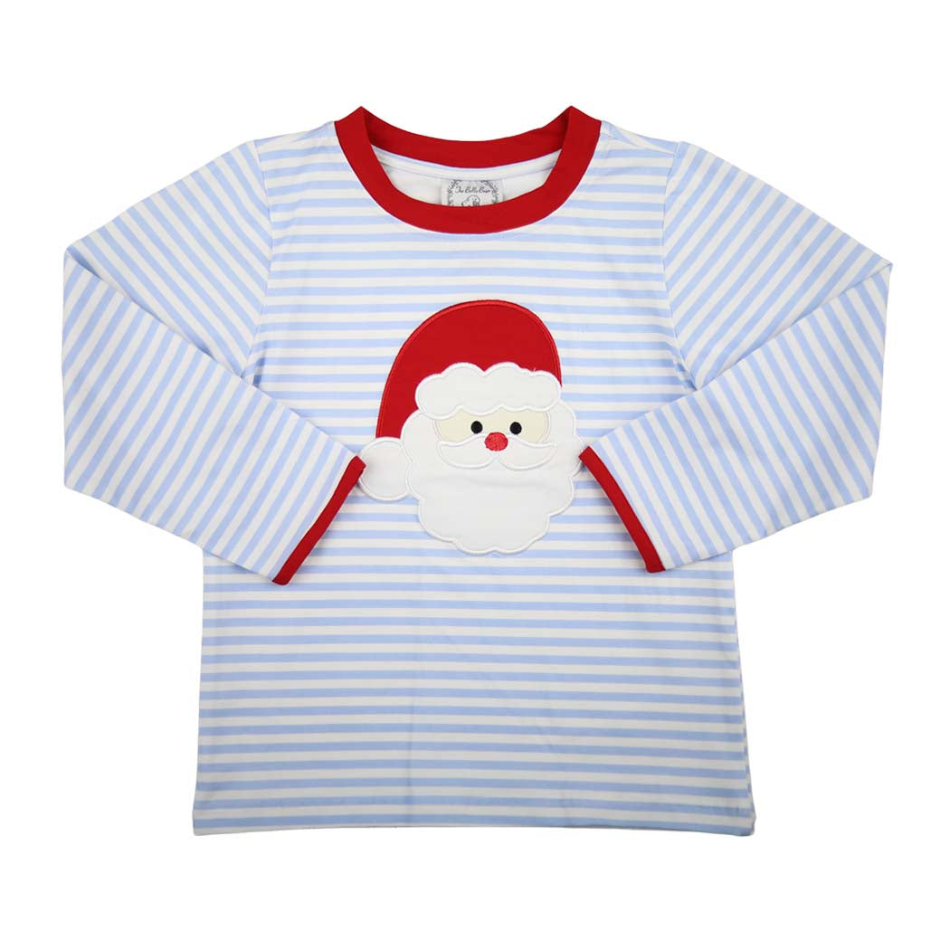 Christmas Blue Striped Shirt with Santa Applique