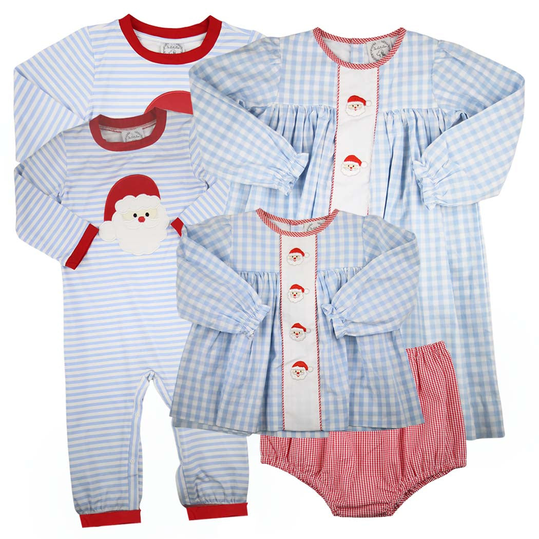 Girls Blue Stripe Romper with Santa Applique