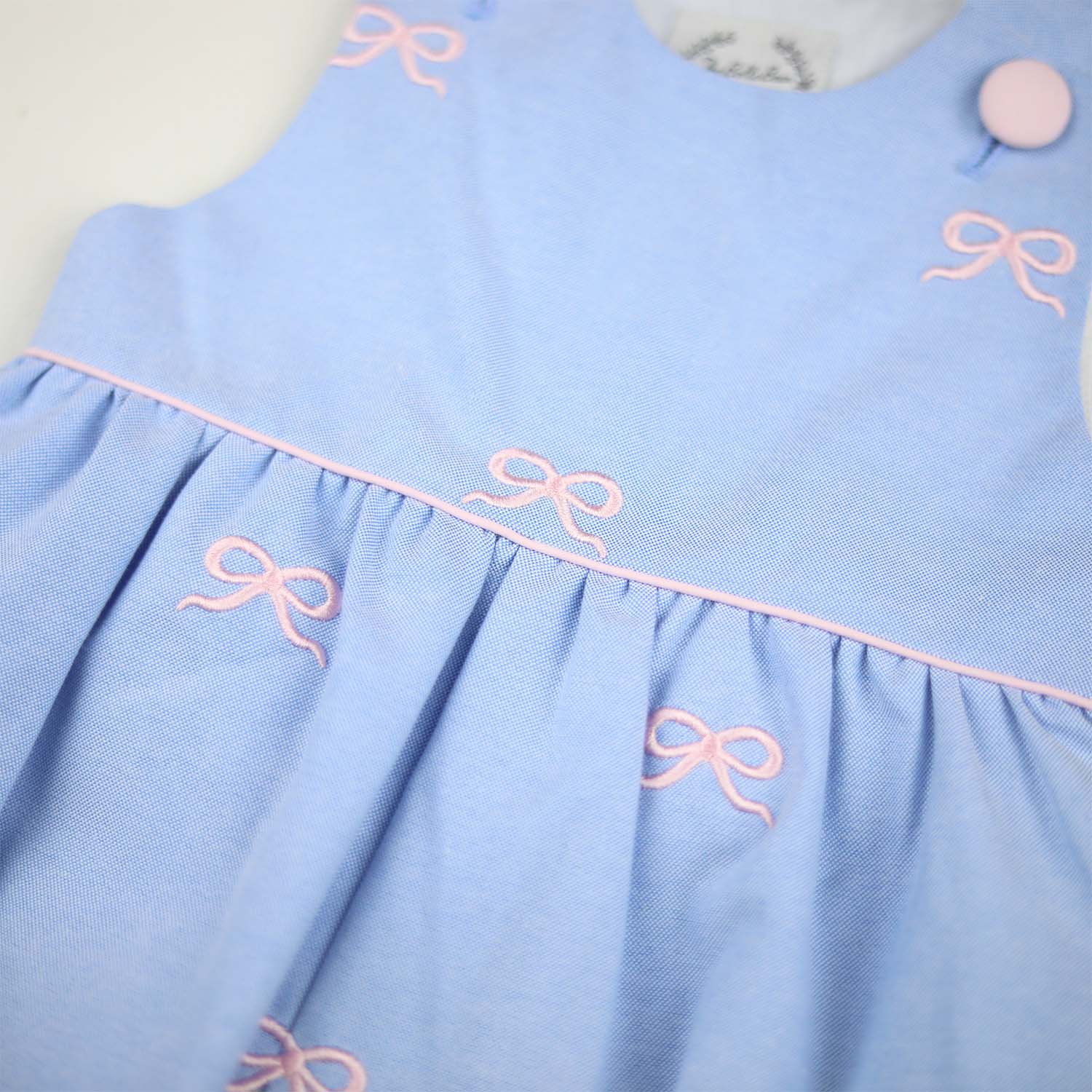 Baby Blue Oxford Embroidered Bow Romper