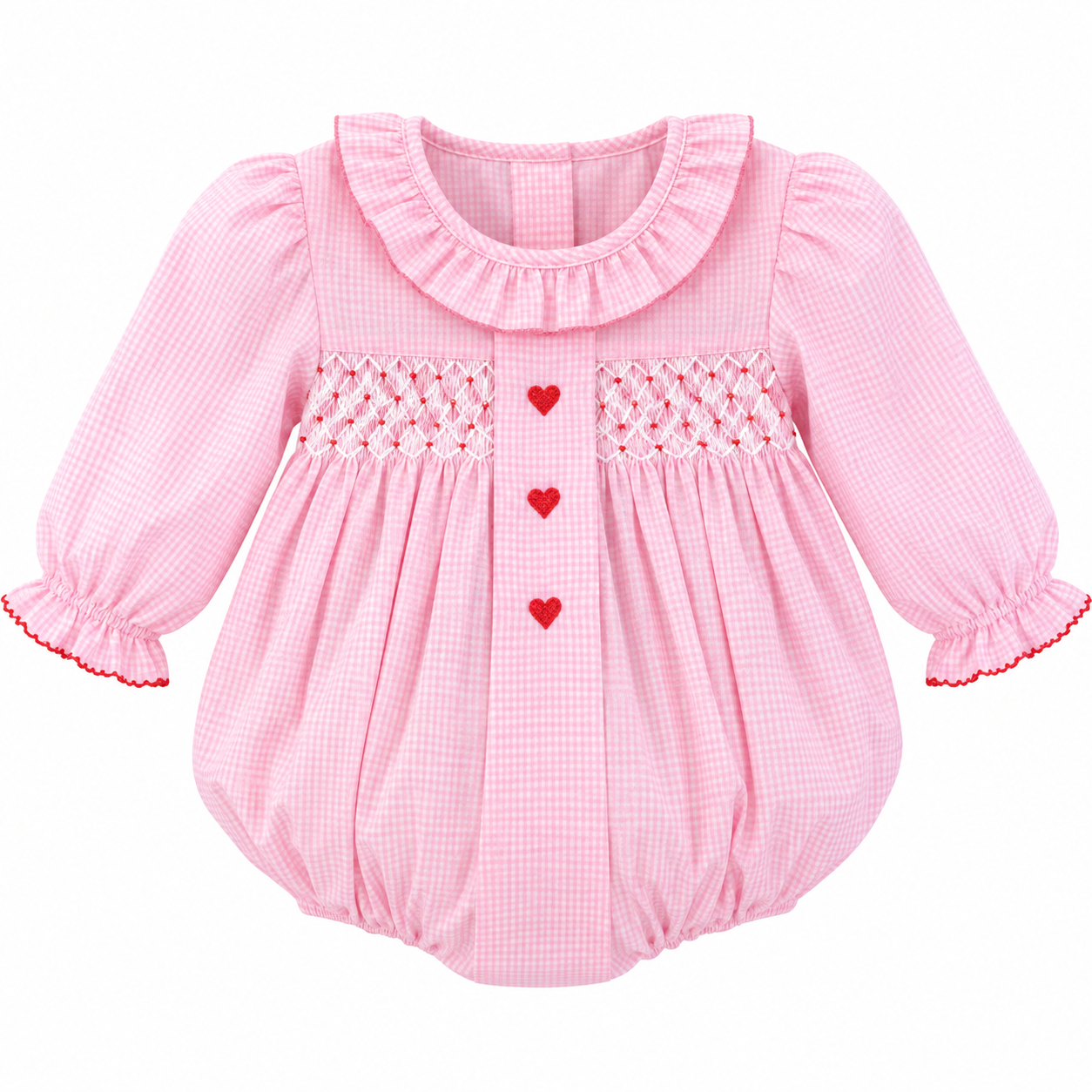 Pink Gingham Smocked Hearts Bubble