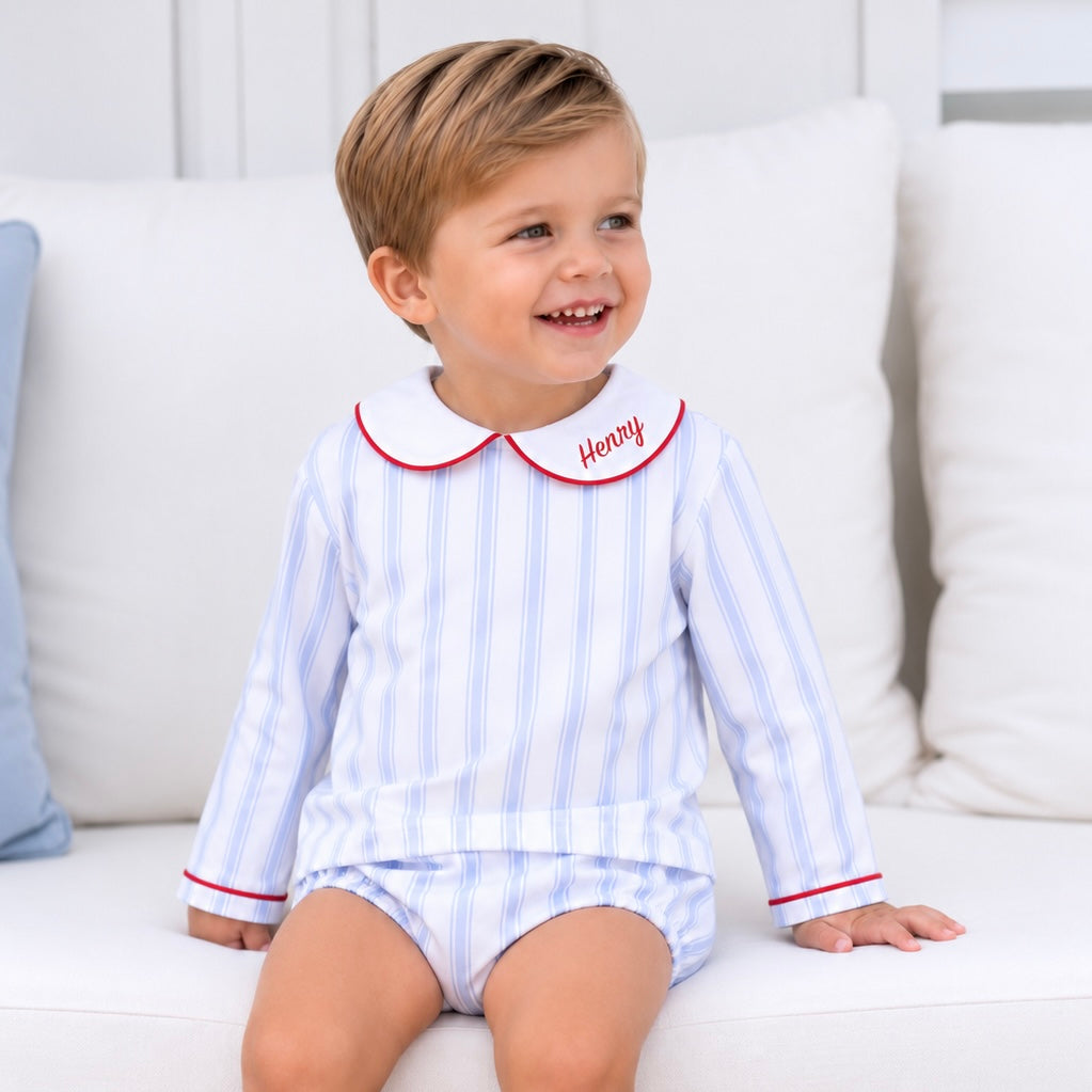 Blue Ticking Swing Set with Red Piping on Collar