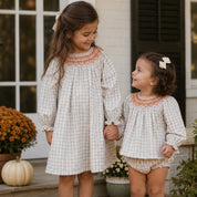 Smocked Autumn Khaki Gingham Bloomer Set