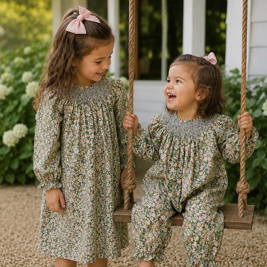 Green Floral Smocked Dress