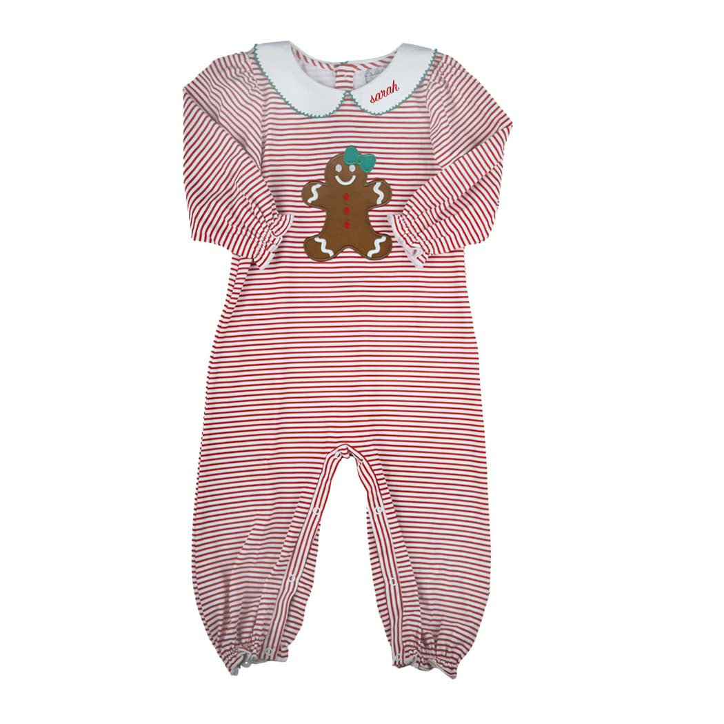 Christmas Girls Red Striped Gingerbread Romper